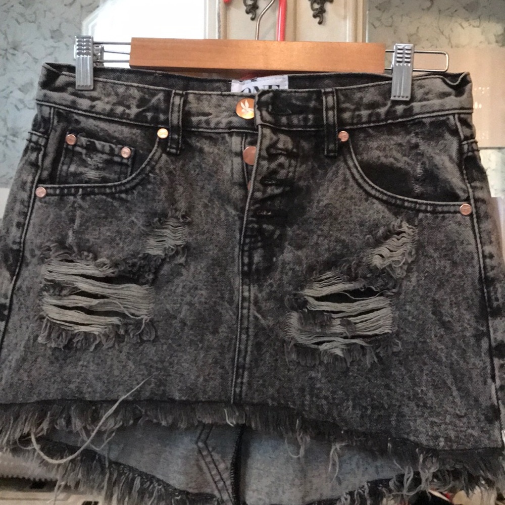 distressed acid wash one teaspoon denim skirt